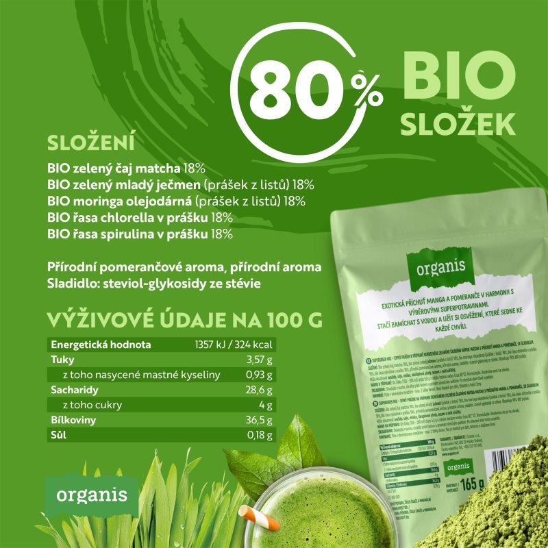 Organis Supergreen Mix prášek na přípravu nápoje příchuť Mango & Orange 165 g (obrázek 6)