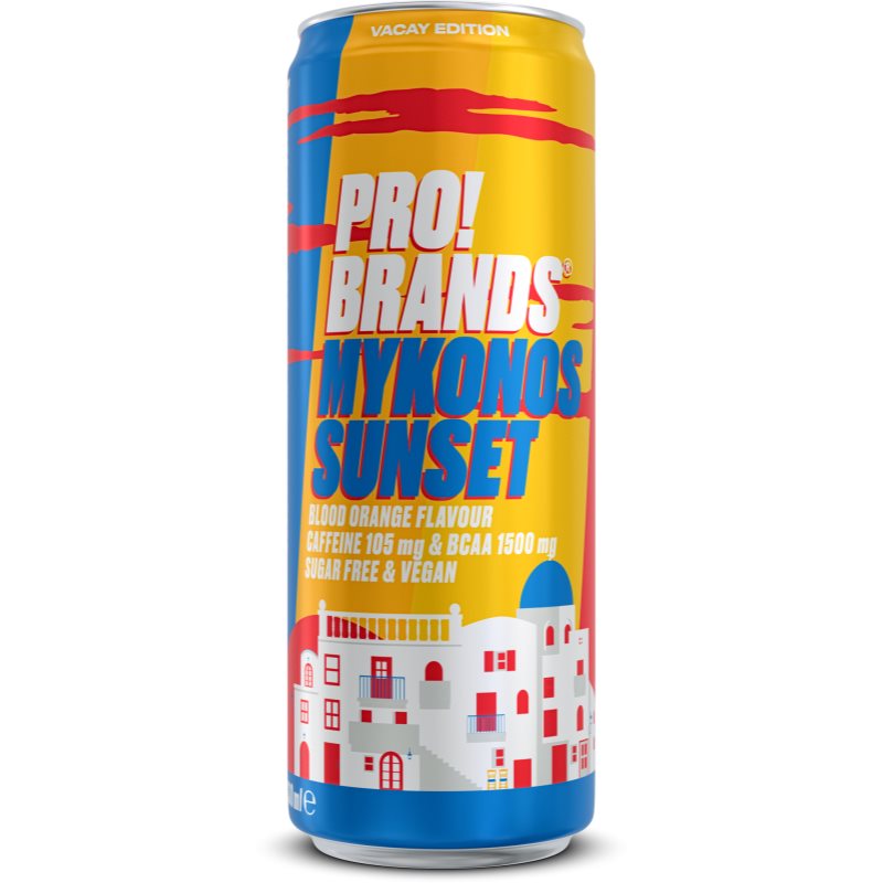 PRO!BRANDS BCAA Drink Vacay Edition hotový nápoj s aminokyselinami (limitovaná edícia) príchuť Mykonos Sunset – Blood Orange 330 ml