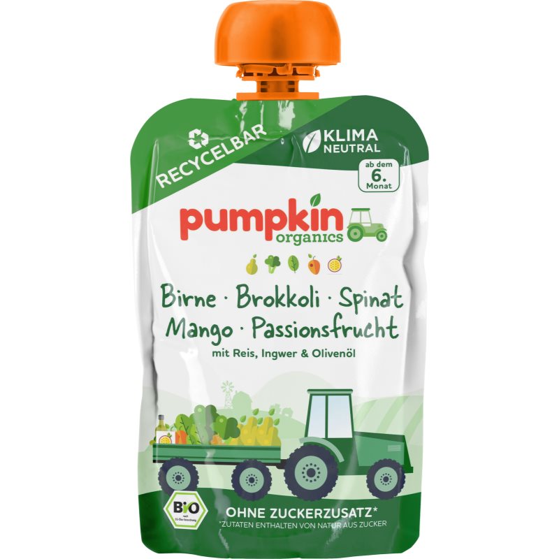 Pumpkin Organics BIO brokolice, špenát s hruškou, mango, maracuja dětský příkrm 100 g