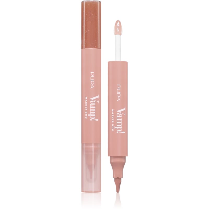 PUPA Milano Vamp! Lip Marker Duo fixka na pery s leskom odtieň 001 Watery Nude 1.4 ml