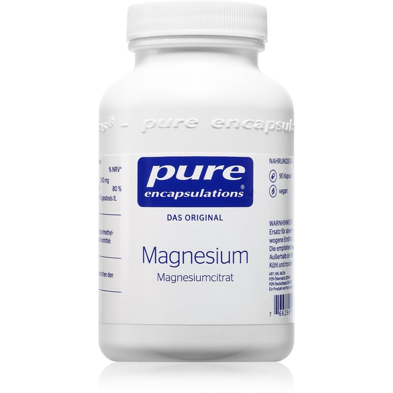 Kapseln mit Magnesiumcitrat in einer Dose – weißes Produkt in transparentem Beutel