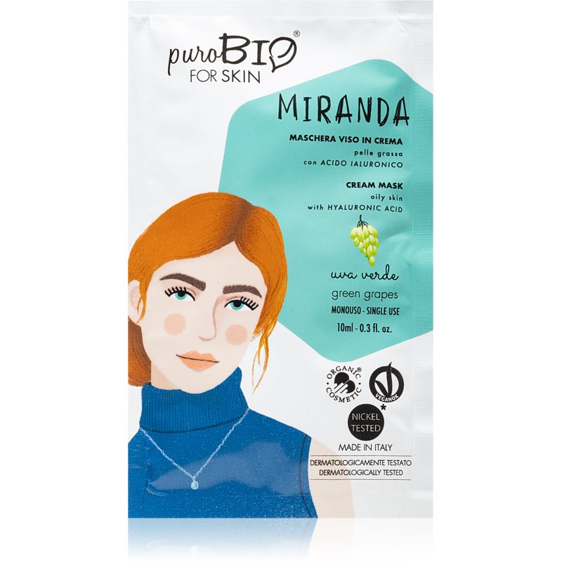 PuroBIO Cosmetics Miranda Green Grapes очисна та пом’якшувальна маска з гіалуроновою  кислотою 10 мл