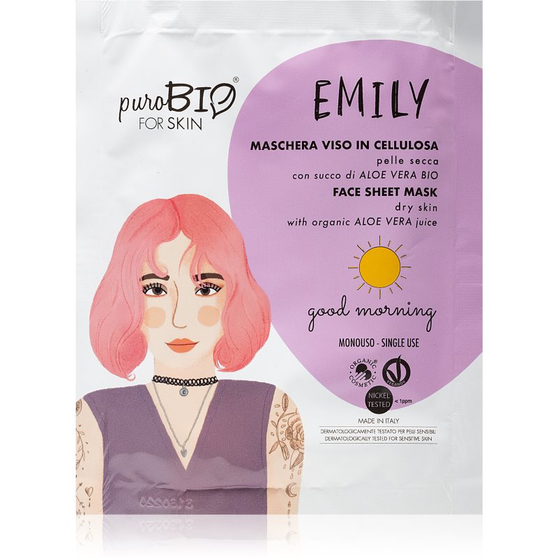 PuroBIO Cosmetics Emily Good Morning зволожуюча та заспокоююча тканинна маска для обличя з алое вера 15 мл