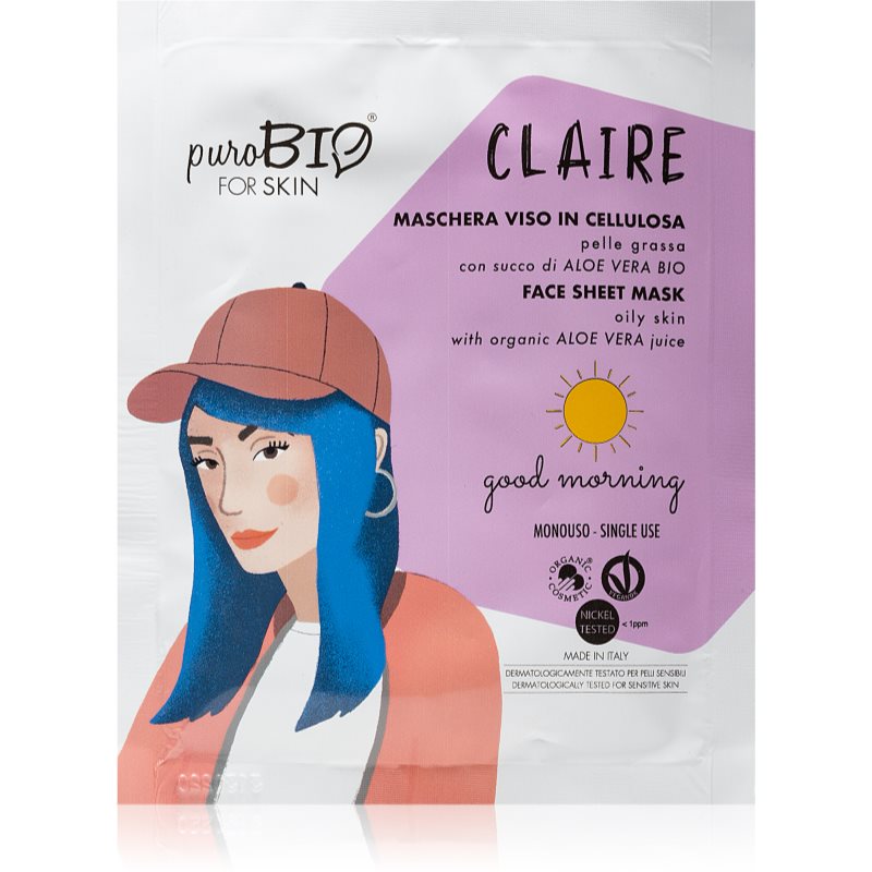 puroBIO Cosmetics Claire Good Morning drėkinamoji ir raminamoji tekstilinė veido kaukė su alavijais 15 ml