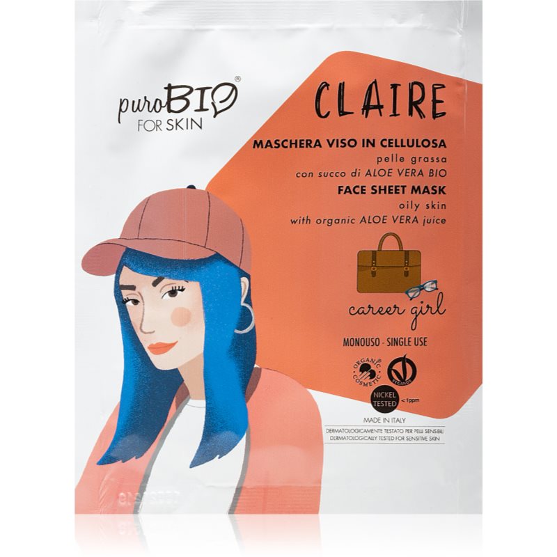 puroBIO Cosmetics Claire Career Girl itin drėkinanti ir maitinanti tekstilinė veido kaukė su alavijais 15 ml