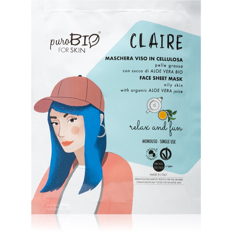 PuroBIO Cosmetics Claire Relax And Fun зволожуюча та заспокоююча тканинна маска для обличя з алое вера 15 мл