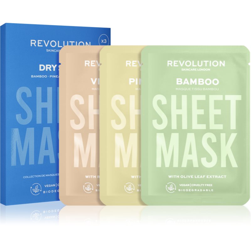 Revolution Skincare Biodegradable Dry Skin tekstilinių veido kaukių rinkinys dehidratavusiai, sausai odai