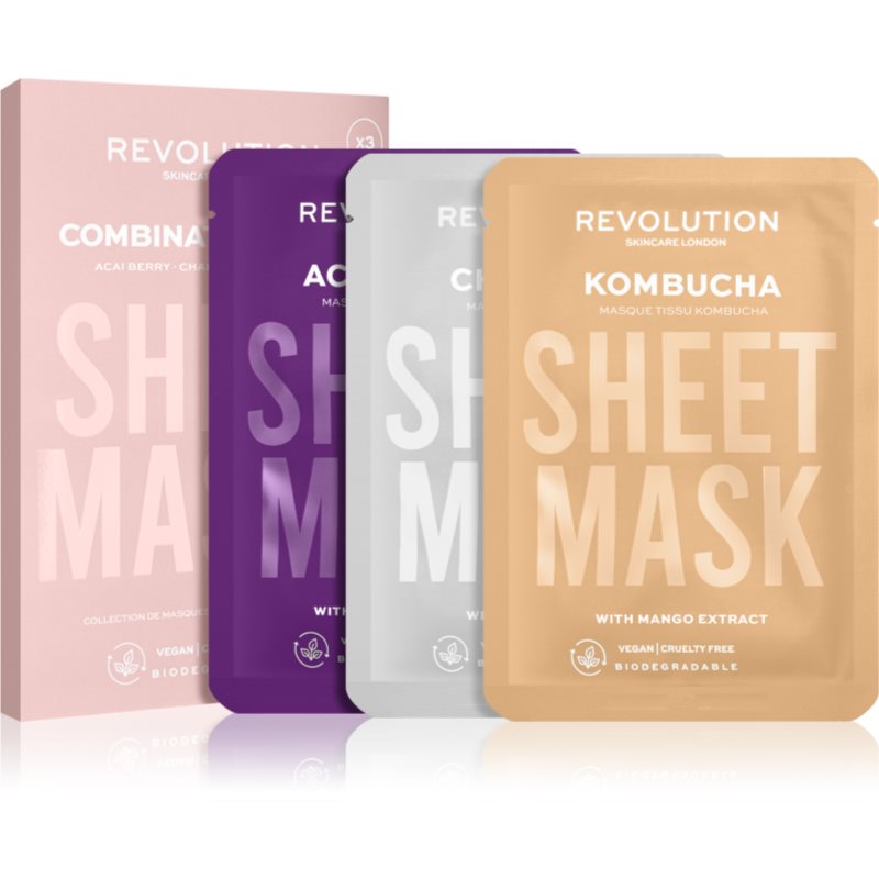 Revolution Skincare Biodegradable Combination Skin tekstilinių veido kaukių rinkinys (sudirgusiai, riebiai ir gausiai besilupančiai odai)