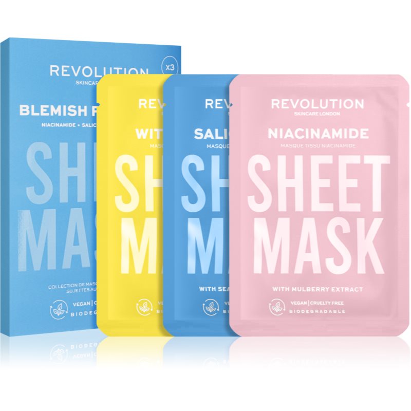 Revolution Skincare Biodegradable Blemish Prone Skin tekstilinių veido kaukių rinkinys (riebiai ir probleminei odai)