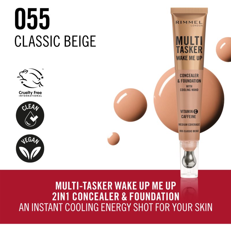 Rimmel Multi-Tasker Wake Me Up Fond De Teint Et Correcteur Pour Une Peau Lumineuse Teinte 55 Classic Beige 20 Ml