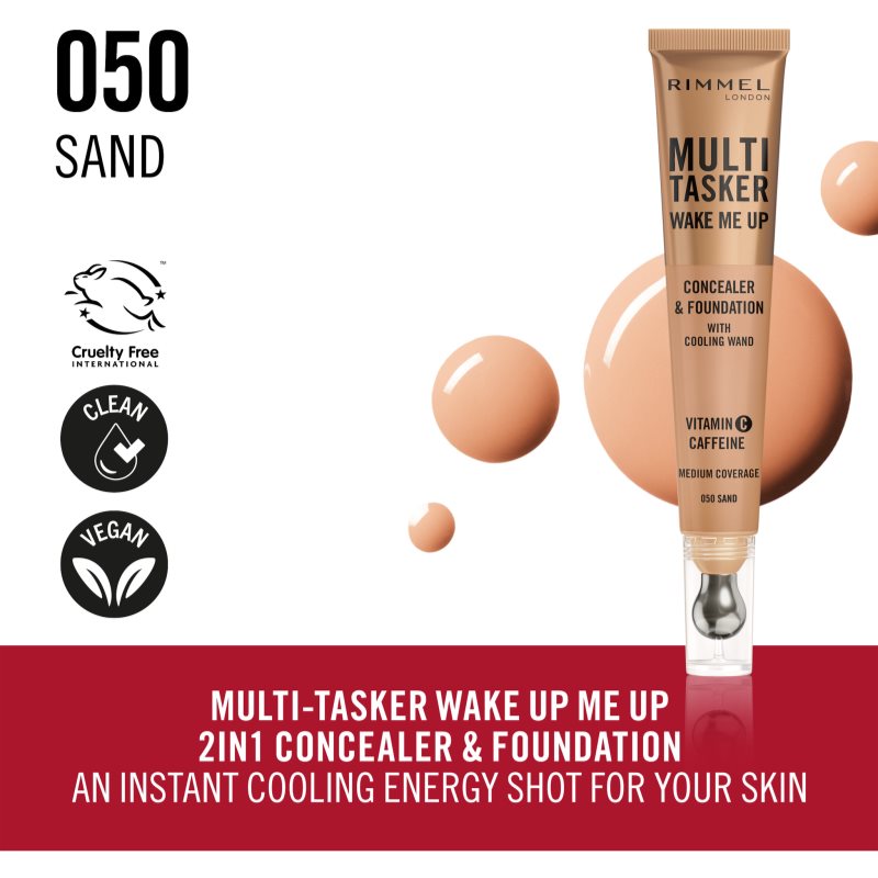 Rimmel Multi-Tasker Wake Me Up podkład i korektor z efektem rozjaśniającym odcień 50 Sand 20 ml