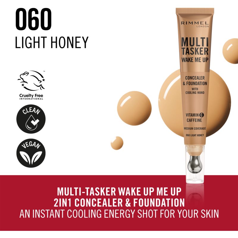 Rimmel Multi-Tasker Wake Me Up Fond De Teint Et Correcteur Pour Une Peau Lumineuse Teinte 60 Light Honey 20 Ml