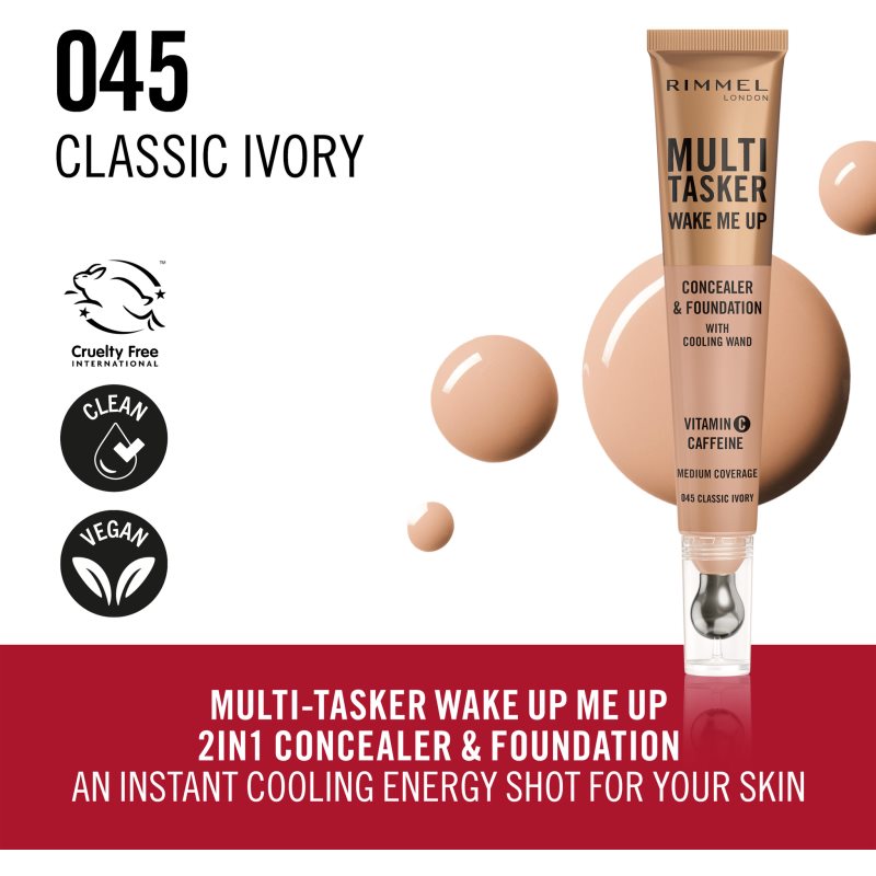 Rimmel Multi-Tasker Wake Me Up Fond De Teint Et Correcteur Pour Une Peau Lumineuse Teinte 45 Classic Ivory 20 Ml