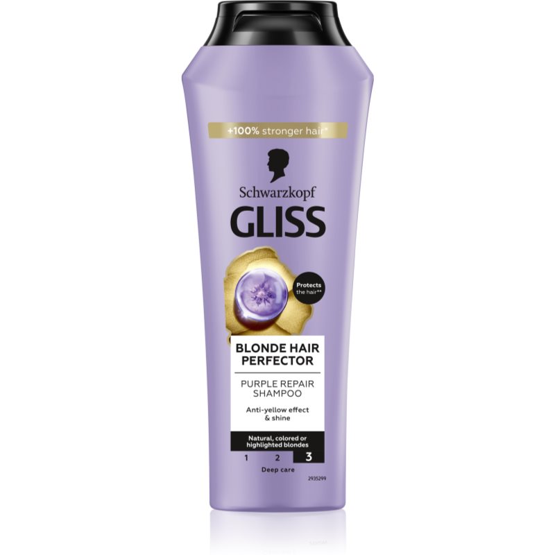 Schwarzkopf Gliss Blonde Hair Perfector šampūnas su violetinės spalvos pigmentais geltoniems atspalviams neutralizuoti 250 ml