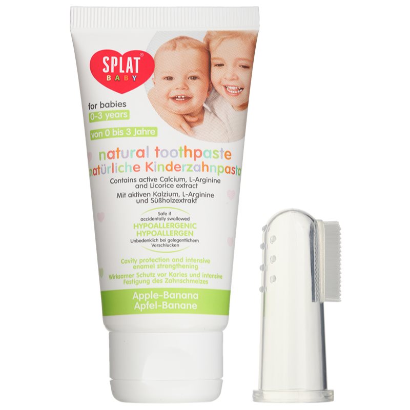 Splat Baby natūrali vaikų dantų pasta su masažiniu šepetėliu kvapas Apple/Banana 40 ml