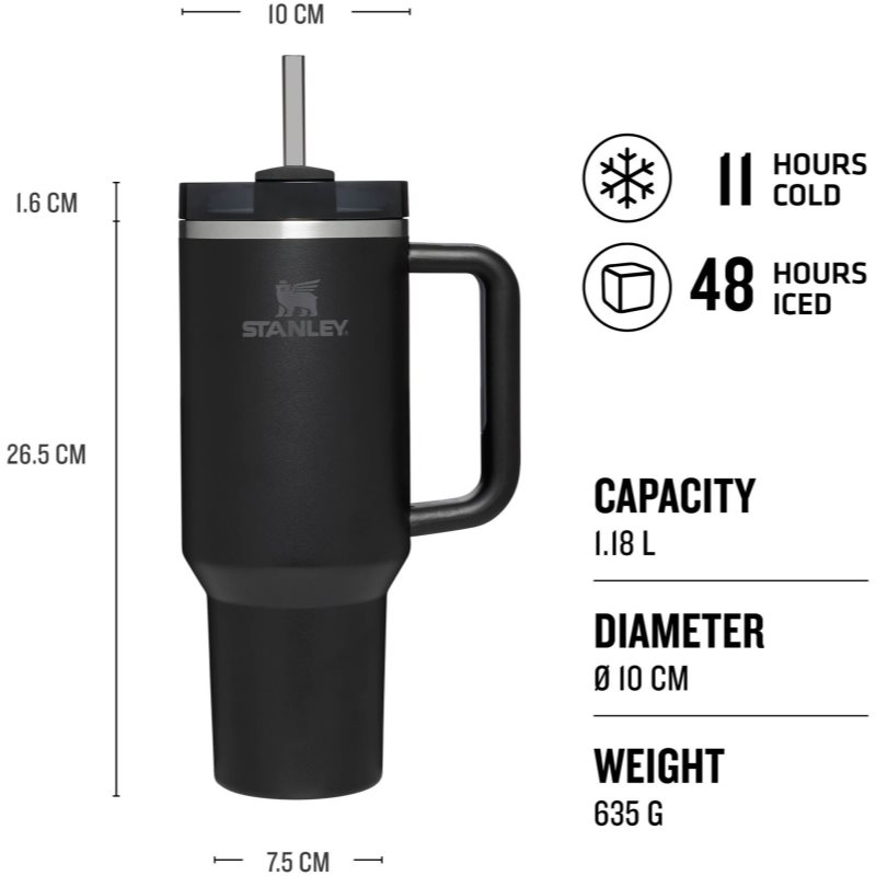 Stanley Quencher H2.O FlowState™ Tumbler Gobelet En Acier Inoxydable Avec Paille Black Tonal 1180 Ml
