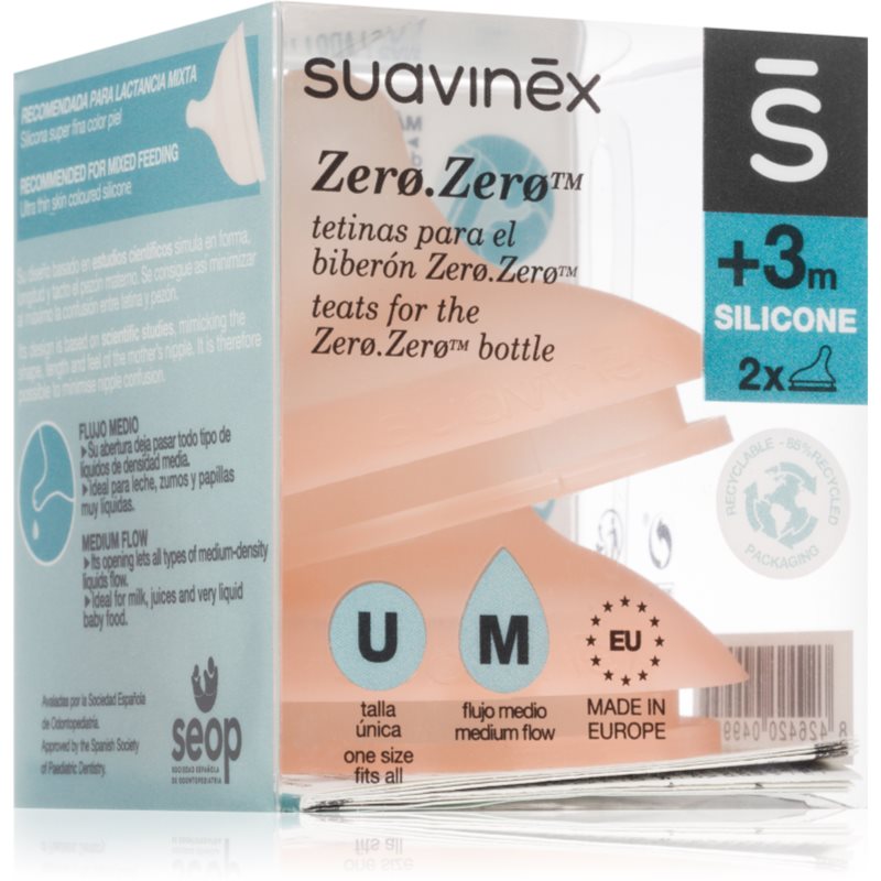 Suavinex Zero Zero Bottle Teat cucelj za stekleničko M Medium Flow 0 m+ 2 kos