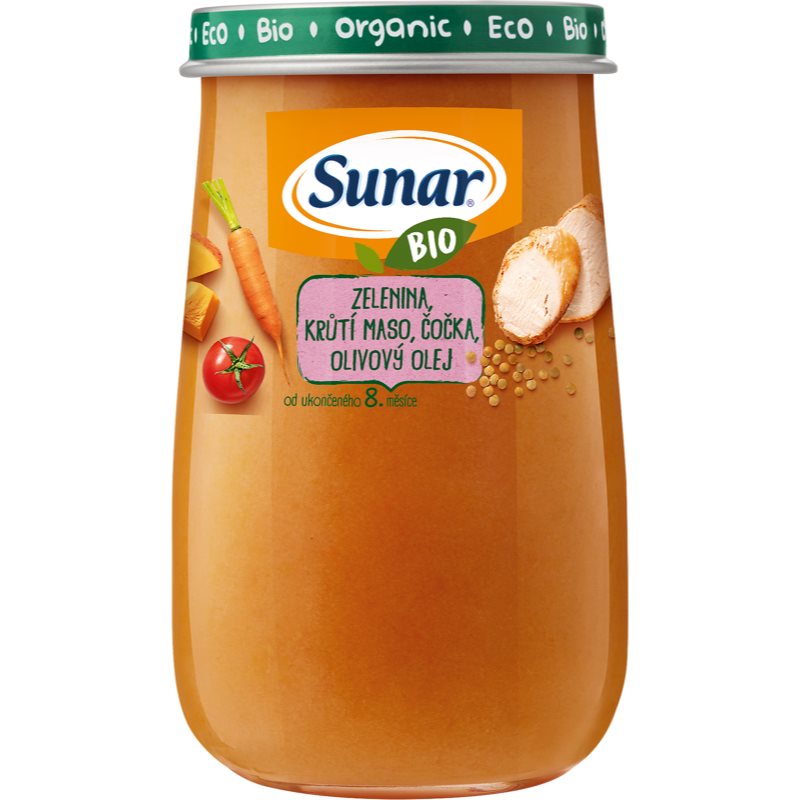 Sunar BIO zelenina, krůtí maso, čočka, olivový olej dětský příkrm 190 g