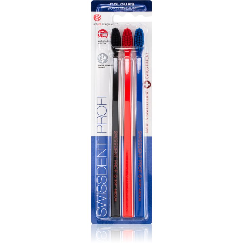 Swissdent Profi Colours zubní kartáčky soft - medium black, red, blue 3 ks
