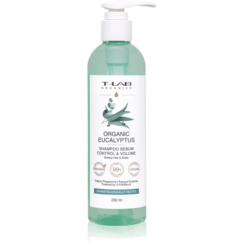 T-LAB Organics Eucalyptus Sebum Control & Volume Shampoo šampon za mastno lasišče s pomirjajočim učinkom 250 ml