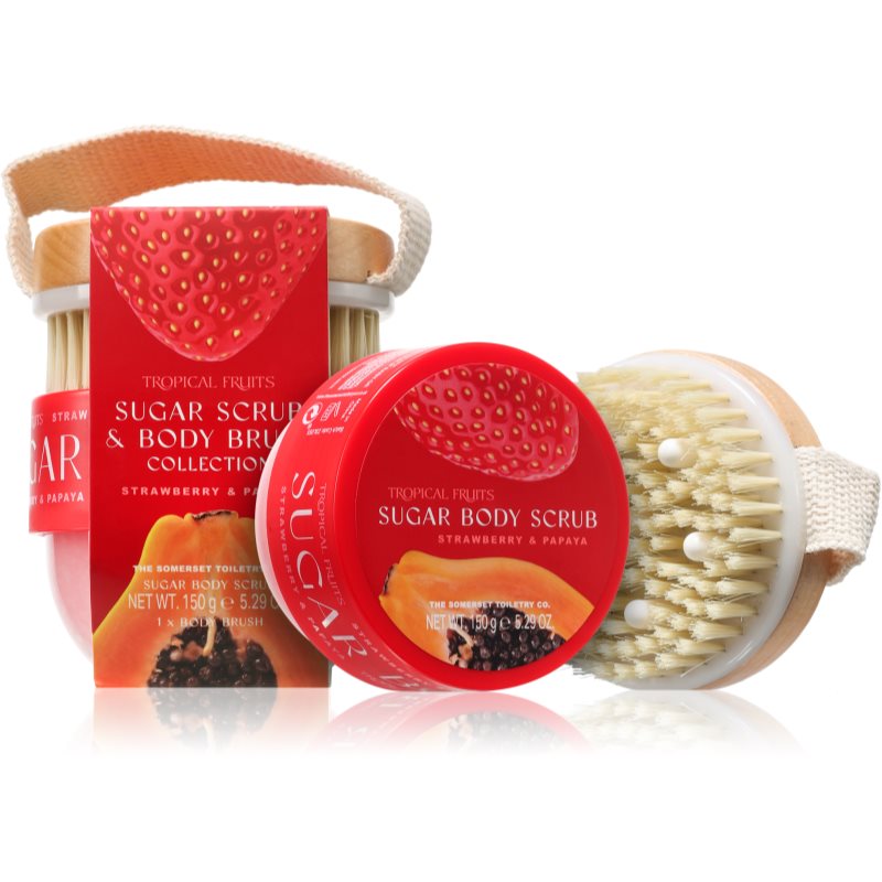 The Somerset Toiletry Co. Tropical Fruits Strawberry & Papaya cukrový tělový peeling + kartáč 150 g