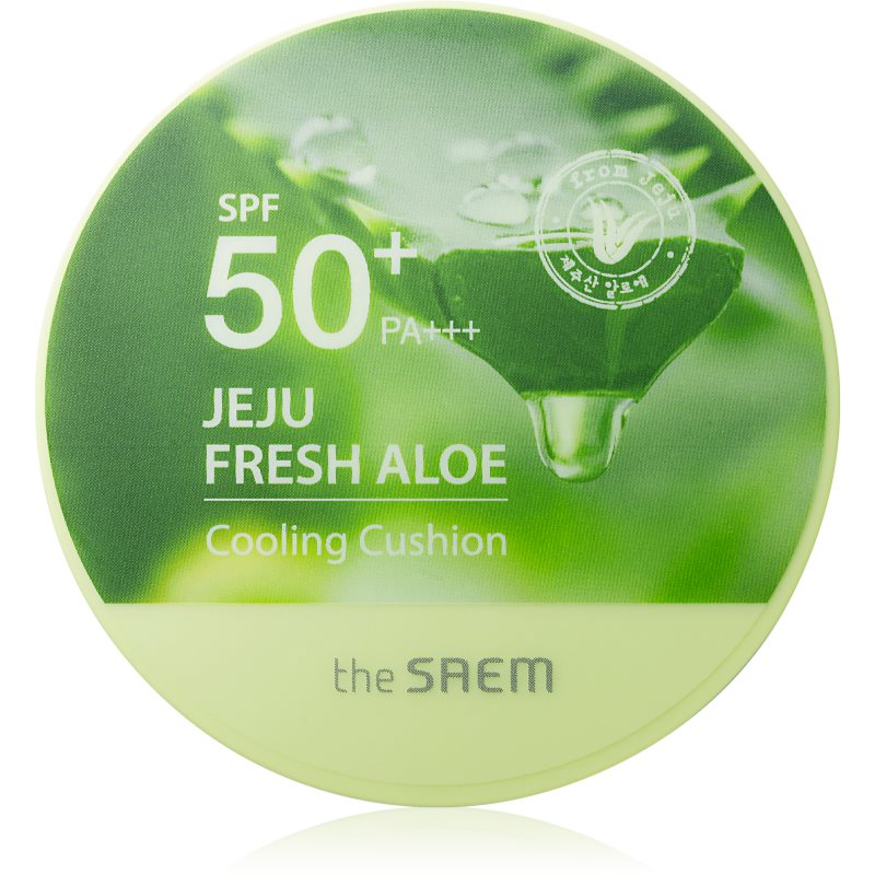 The Saem Jeju Fresh Aloe Cooling Cushion ilgai išliekantis makiažo pagrindas kempinėlėje, SPF 50+ raminamojo poveikio atspalvis Natural Beige 12 g