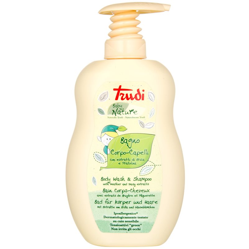 

Trudi Baby Nature гіпоалергенне дитяче молочко для ванни та шампунь з екстрактом стокротки та вересу