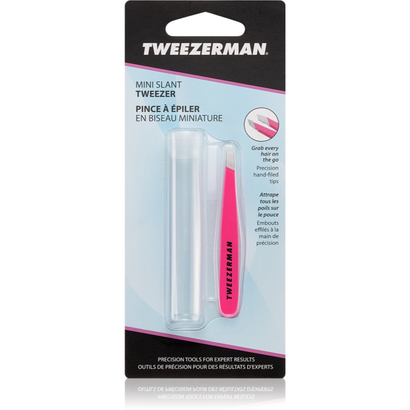 Tweezerman Mini Slant pinzeta so zošikmeným koncom mini s cestovným púzdrom Neon Pink 1 ks