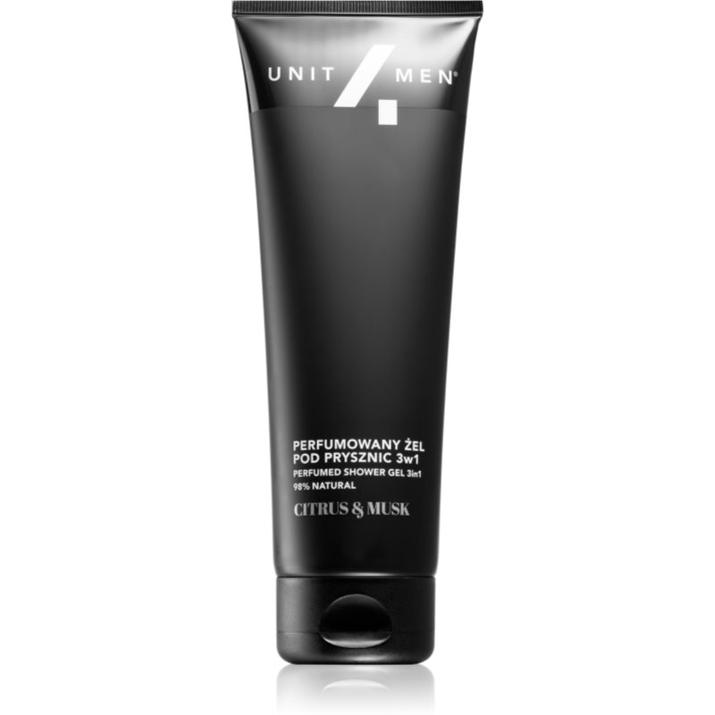 Unit4Men Perfumed shower gel „Trys viename“ šampūnas, kondicionierius ir kūno prausiklis su kvapiosiomis medžiagomis Citrus and Musk 200 ml