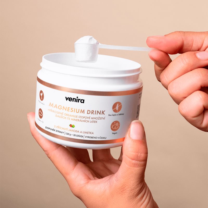Venira Magnesium Drink prášek na přípravu nápoje pro podporu snížení míry únavy a vyčerpání, normální stav zubů, kostí a svalů příchuť Strawberry-Lime (obrázek 3)