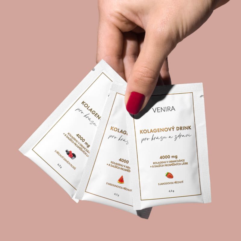 Venira Kolagenové drinky prášek na přípravu nápoje pro krásné vlasy, pleť a nehty příchuť Strawberry, watermelon, wild berries 30x6,3 g (obrázek 3)