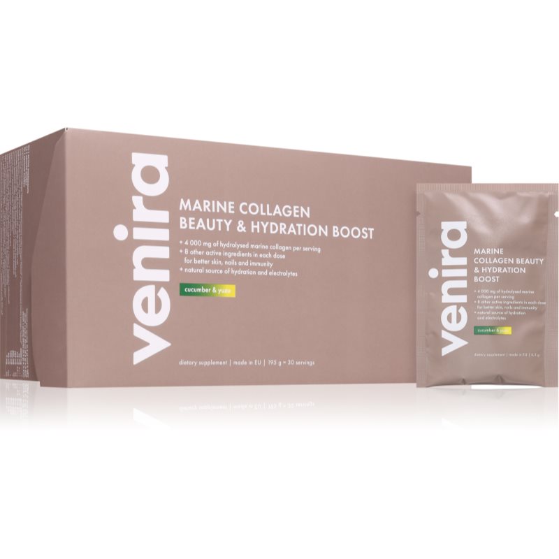 Venira Marine Collagen Beauty & Hydration Boost mořský kolagen pro hydrataci a vypnutí pokožky, krásné vlasy a nehty příchuť Cucumber & Yuzu 30x6.5 g