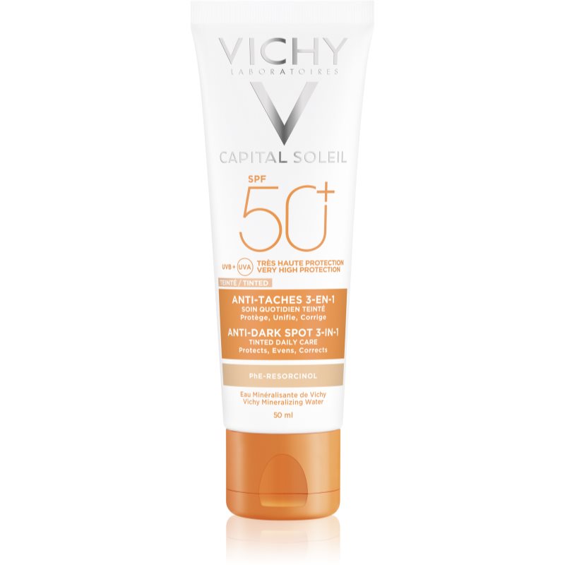 Vichy Capital Soleil Anti-Dark Spot 3-in-1 SPF50+ 50 ml denný pleťový krém pre ženy na veľmi suchú pleť; na pigmentové škvrny