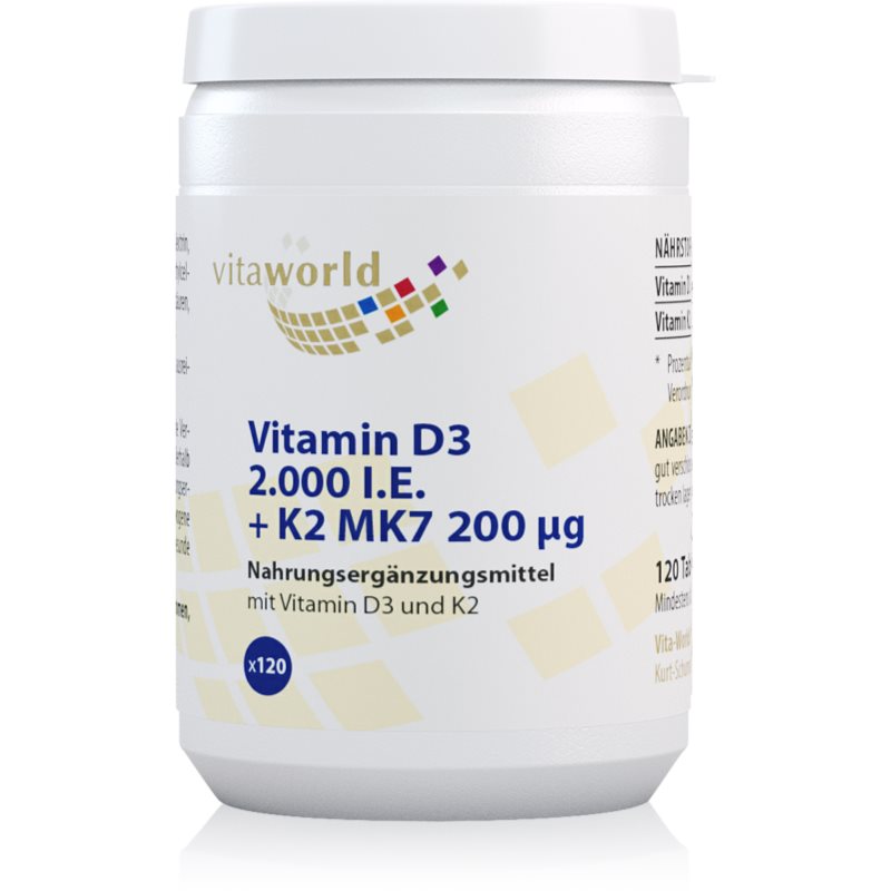 Vita World Vitamin D3 (2000 IE) + K2 MK7 (200 mcg) Tabletten für eine normale Funktion des Immunsystems, gesunde Knochen und Zähne und gute Muskelakti