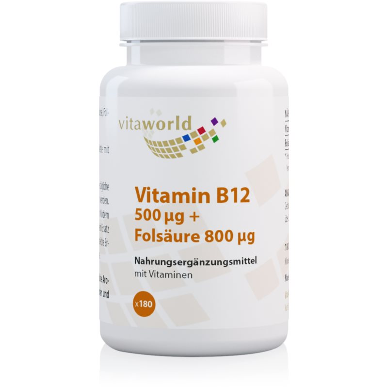 Vita World Vitamin B12 (500 mcg) + Folsäure (800 mcg) Tabletten für Frauen, die eine Schwangerschaft planen 80 g