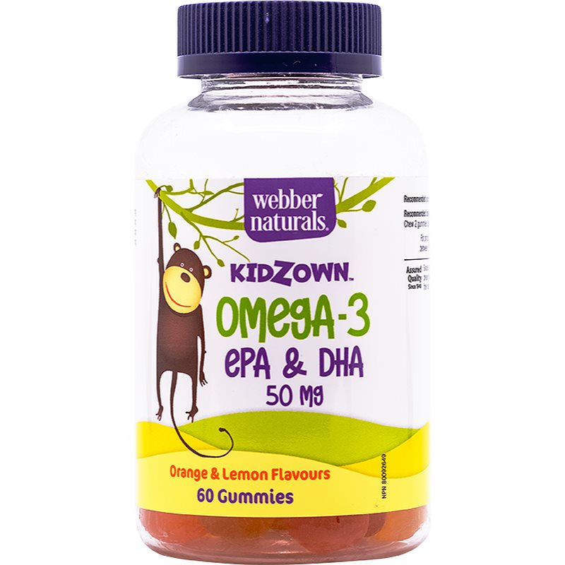 Webber Naturals Kidzown Omega 3 EPA & DHA podpora správného fungování organismu pro děti příchuť Orange & Lemon 60 ks