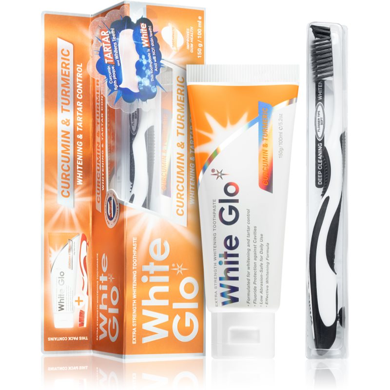 White Glo Whitening & Tartar Control balinamoji dantų pasta su šepetėliu Curcumin and Turmeric 150 g