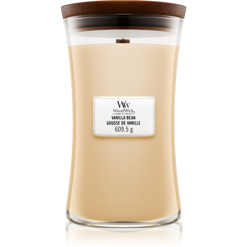 Woodwick Vanilla Bean dišeča sveča z lesenim stenjem 609,5 g