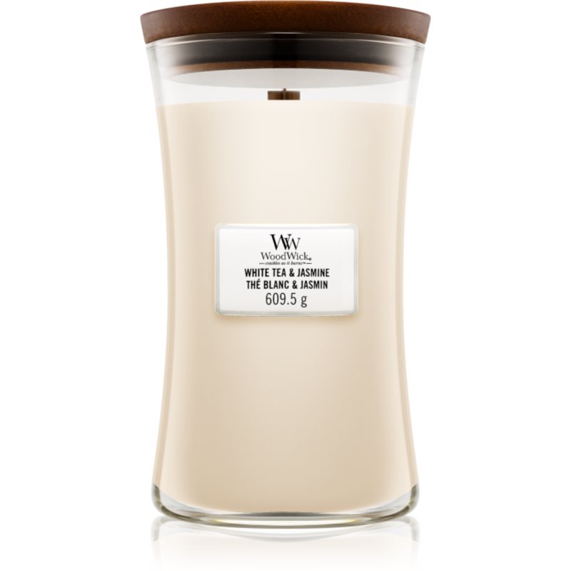 Woodwick White Tea & Jasmine dišeča sveča z lesenim stenjem 609.5 g