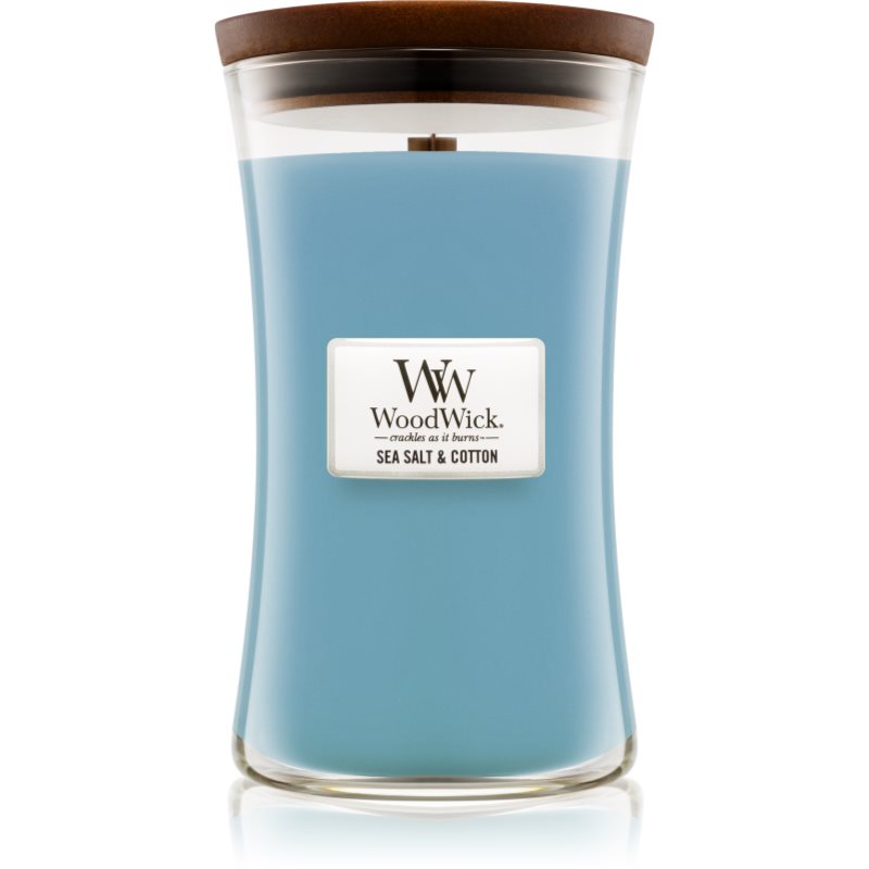 

Woodwick Sea Salt & Cotton aроматична свічка з дерев'яним гнітом