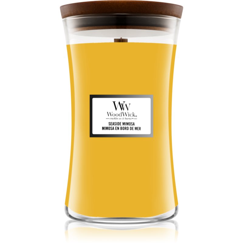 Woodwick Seaside Mimosa dišeča sveča z lesenim stenjem 609,5 g