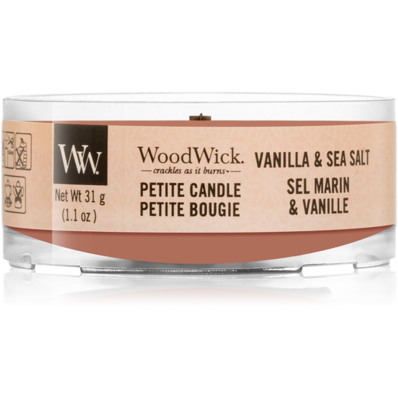 

Woodwick Vanilla & Sea Salt вотивна свічка  з дерев'яним гнітом