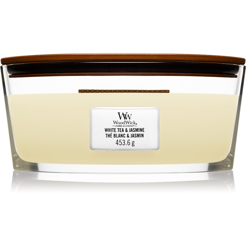 Woodwick White Tea & Jasmine lumânare parfumată cu fitil din lemn (hearthwick) 453.6 g