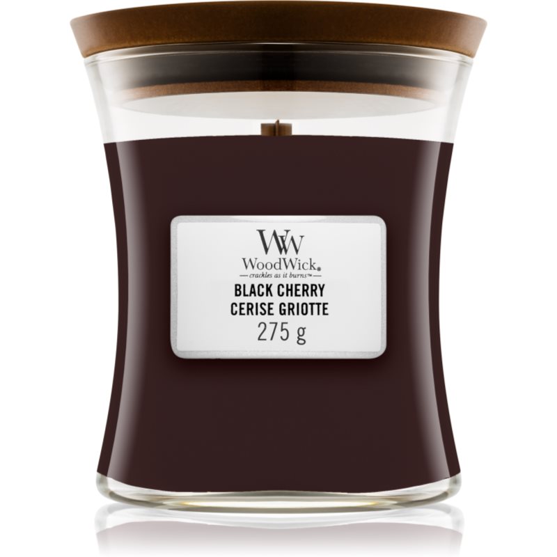 Woodwick Black Cherry dišeča sveča z lesenim stenjem 275 g