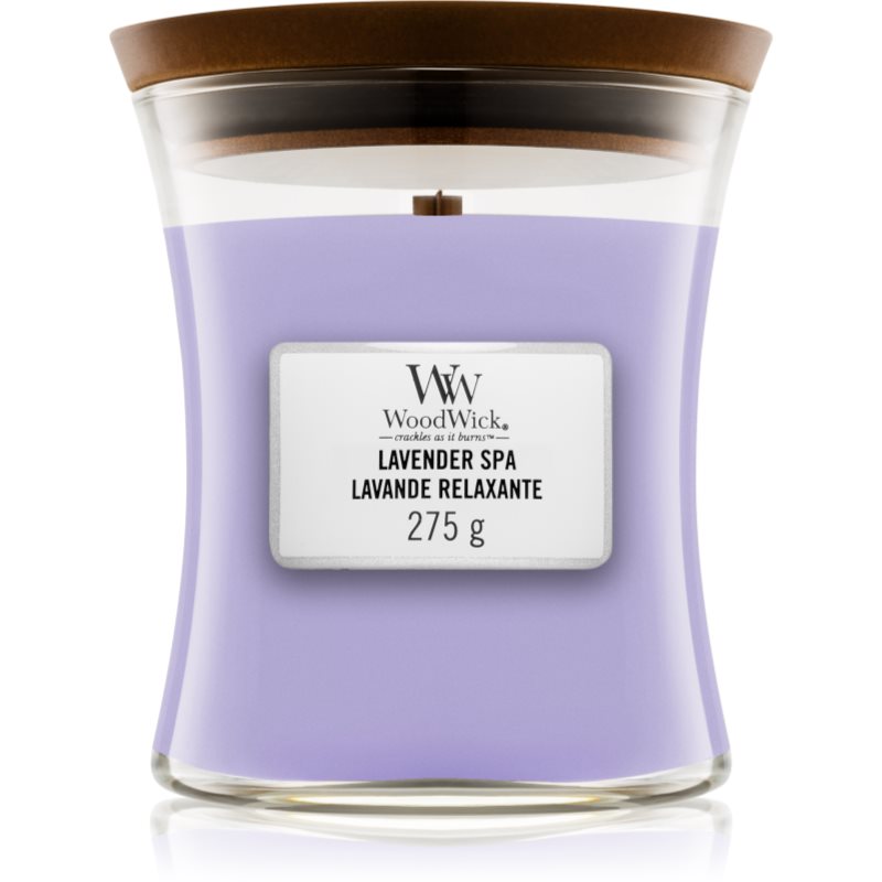 Woodwick Lavender Spa scented candle with wooden wick 275 g
