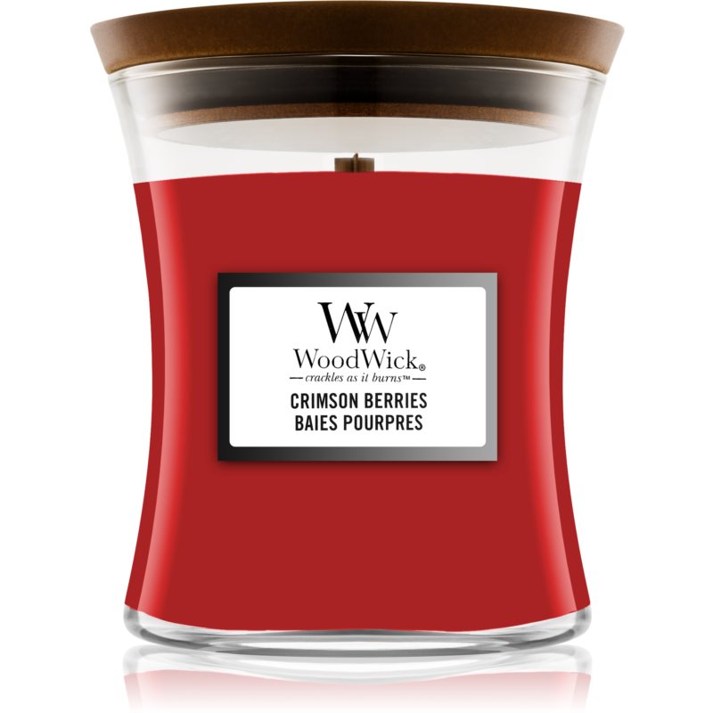 Woodwick Crimson Berries dišeča sveča z lesenim stenjem 85 g