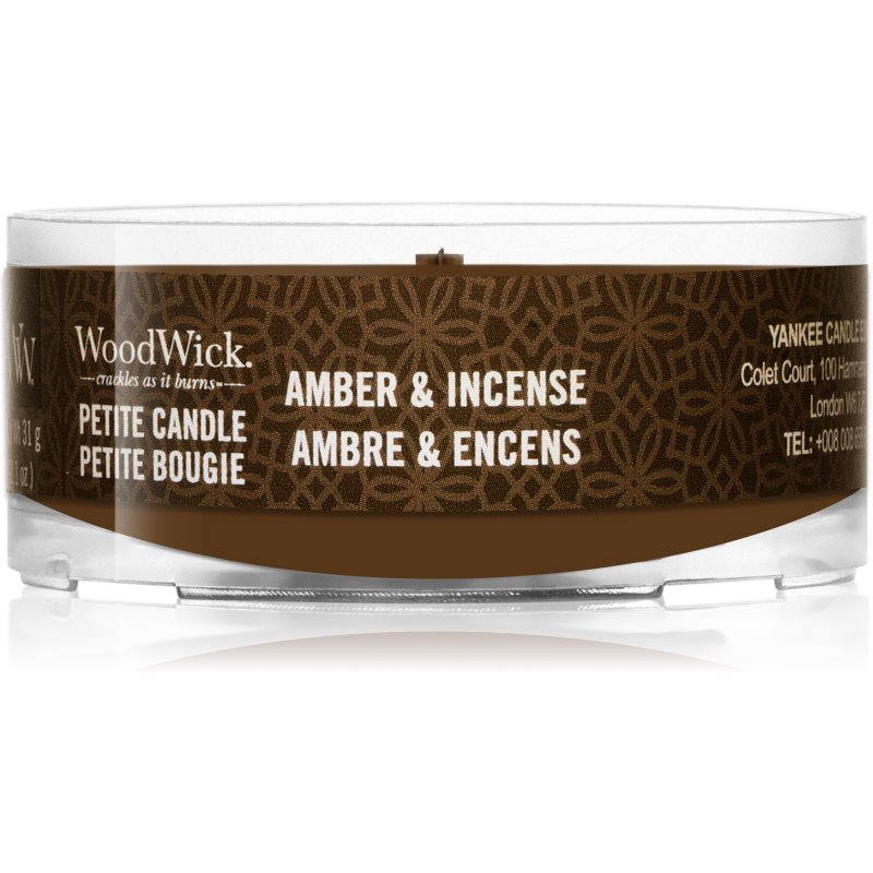 Woodwick Amber & Incense nedidelė kvapni žvakė medinė dagtis 31 g