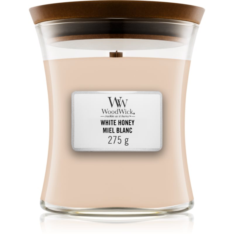 Woodwick White Honey Miel Blanc dišeča sveča  z lesenim stenjem 275 g