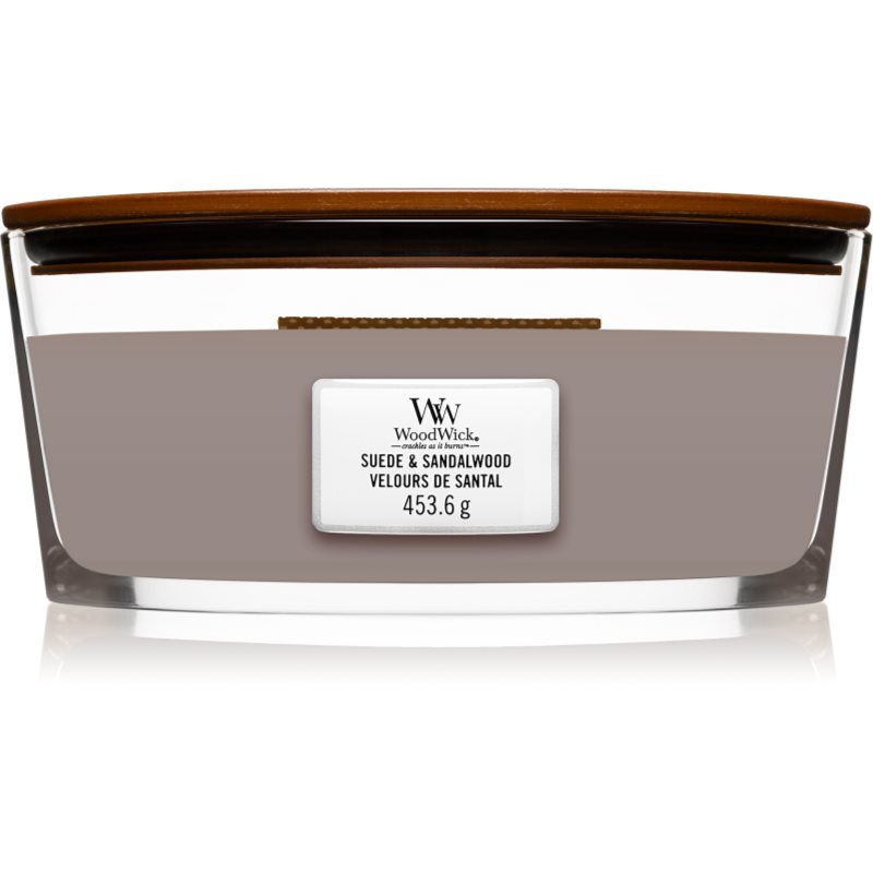 

Woodwick Suede & Sandalwood aроматична свічка з дерев'яним гнітом (hearthwick