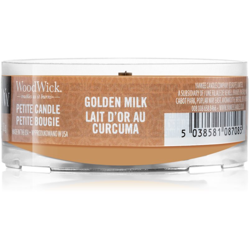 Woodwick Golden Milk nedidelė kvapni žvakė medinė dagtis 31 g
